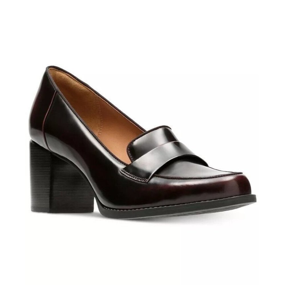 Clarks Tarah Grace Penny Loafer Heels Pumps Size 9.5M Burgundy Patent Leather